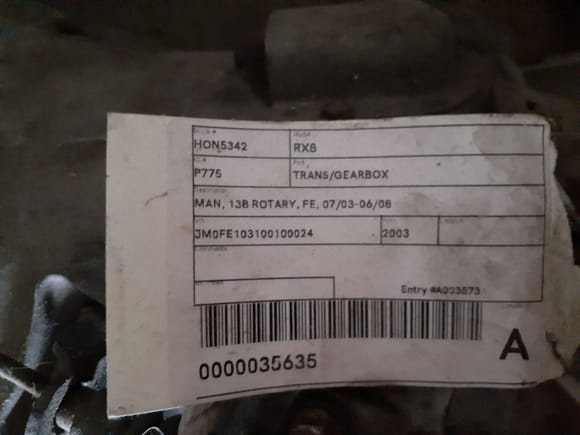 Wrecker label attached to the gearbox