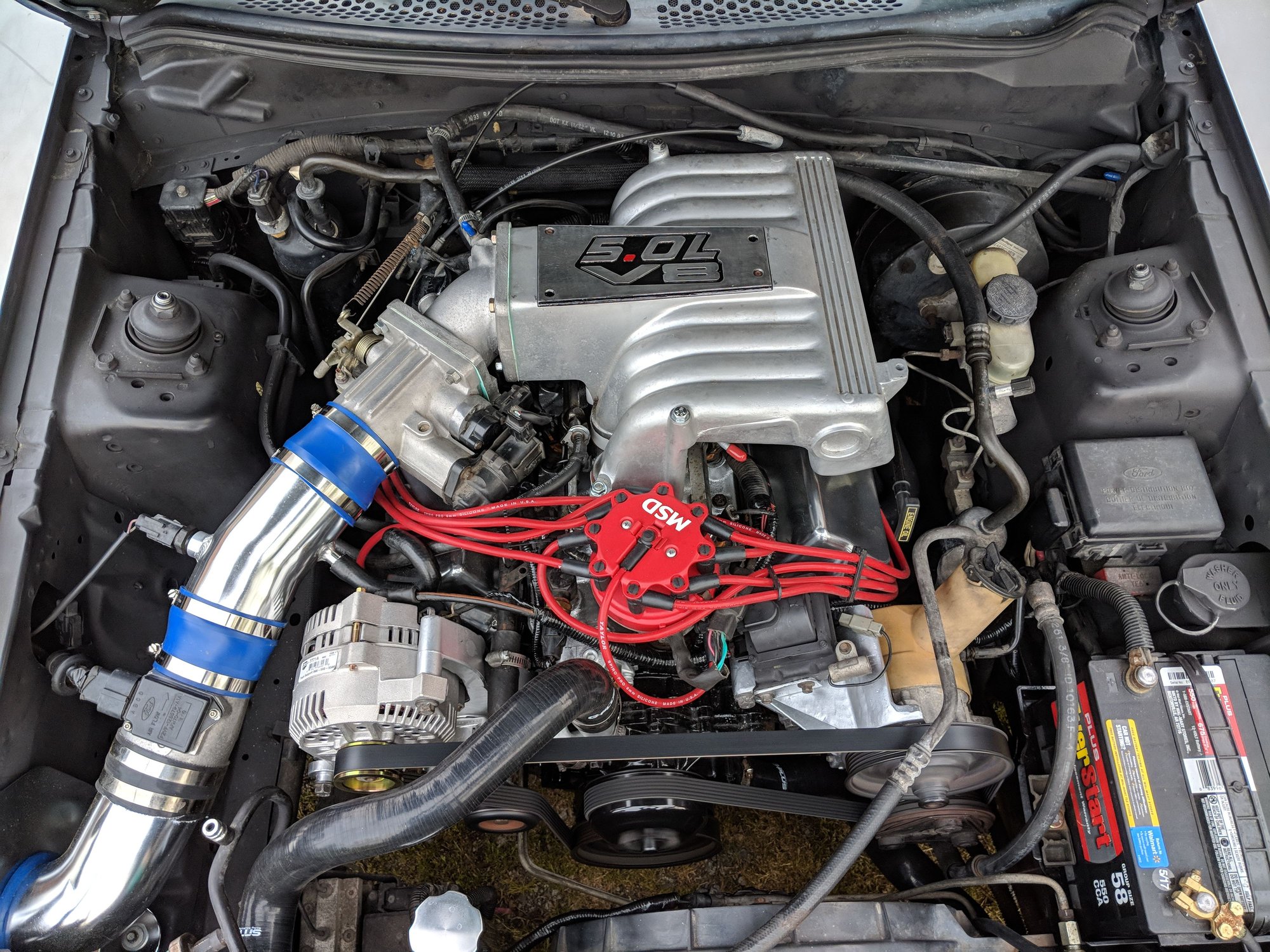 I'll just leave this here. I would ALWAYS recommend you clean, paint, or replace everything you can on a project like this. Cleaning and painting is fairly inexpensive but makes a HUGE difference in how an engine bay looks. This was a budget build 95 5.0 mustang that made enough power to eventually split the block in half. 