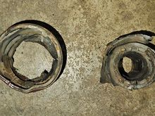 The old bushing pieces were pressed out of the bracket and pried off of the control arms.