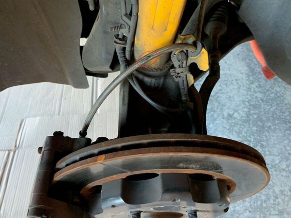 I didn't expect to discover the brake line on the left front has this abrasion wear due to the tiny 15" wheels; fortunately only the pvc skin is rubbed through; I need to use cable tie to prevent the line from moving through the rubber grommet 