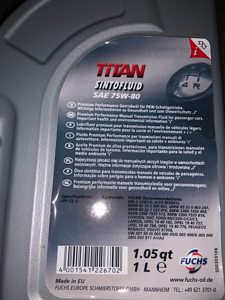 FS 3qts/ltrs Titan Sintofluid SAE 75W80 Premium Manual Transmission