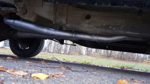 My home made X pipe, four 45 degree elbows welded together and two magnaflow glass packs in factory location, really happy with how it sounds, especialky now with the headers.