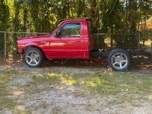 Moved the Ranger outside, to do some badly needed shop cleaning.
Thought you might like to see the "stance" Of the truck on flat ground. Still looking for a 15 to 20 gal fuel cell.
Once that and battery are mounted in the back, I will replace the bed.