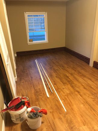 Closer. The wood floors were in worse shape, and was more then I want to spend to fix. 

Now how many shelf units can I make fit. 