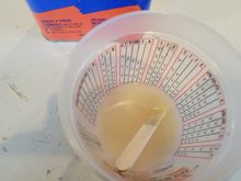 Step 5- Add the 30cc's of Denatured Alcohol to your larger cup with the 30'cc's of Resin and Hardener mix.  At this point you should have a total of 60cc's in the cup.  Take your mixing stick and stir well.  You will notice that the mixture will become very cloudy. ( This is normal)