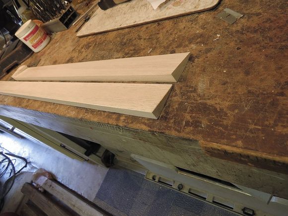 Here's the newly completed 2"x 24" aileron with one end of it cut off. (we cut off both  ends to discard the ends with the screws) It is on the right, and the SR.Telemaster kit's aileron is on the left.  Perfect match.   