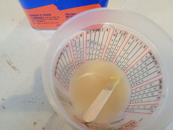 Step 5- Add the 30cc's of Denatured Alcohol to your larger cup with the 30'cc's of Resin and Hardener mix.  At this point you should have a total of 60cc's in the cup.  Take your mixing stick and stir well.  You will notice that the mixture will become very cloudy. ( This is normal)