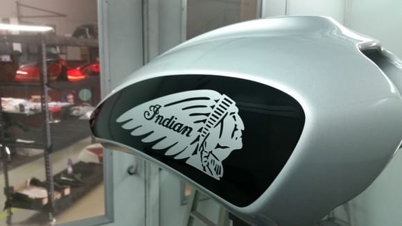 Guy did'nt like the huge raised chrome indian letters on the side of his new scout bobber tank so i sprayed a cheiftain on it for him