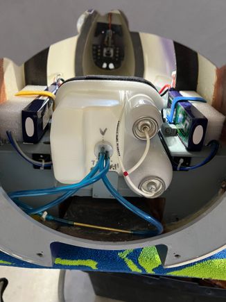 View from front of 50 ounce fuel tank and main and auxiliary air cylinders. I considered an onboard air pump but after gear cycle test I can get two cycles with PLENTY of reserve with this setup so no air pump needed. 