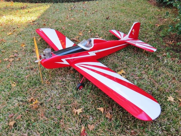 Her's the 22.5lb plane (with 2 lbs fuel and 1.25lb weight)with the former Moki 2.1 motor. 
