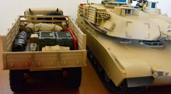 The truck sitting next to the Tamiya 1/16 RC Abrams, the toy truck next to a scale model.
