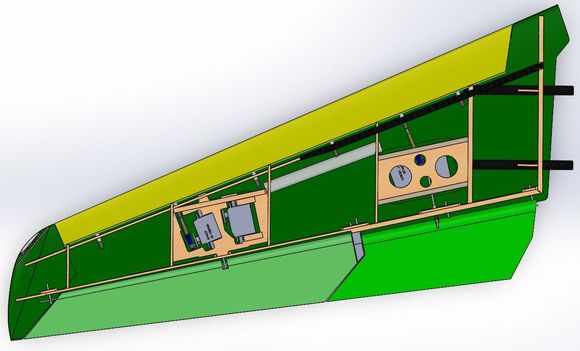 Outboard wing panel (LH side), with the wing upper FG skin removed. Basic setup with a Fwd spar, and a TE closeout spar. servos accessible thru 2 lower covers. Inbd portion of this panel has 2 carbon rods, to pass the load from the Outboard wing to the Aluminum sweep arm on the Inboard wing.