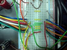 Closeup of connections on breadboard.