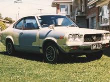 The 5th RX, another 1973 10A which we named Odie (like the little yellow dog in Garfield cartoons). I'd seen it about town with a smoky engine and harrased the owner til he sold it to me. Bought a 13B for it, but purchase of a house cramped the cashflow so car was sold to a friend who finished the project.