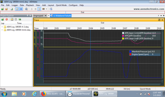 2nd gear WOT pull AEM profile showing boost drop from 9.5 to 7.2 psi.