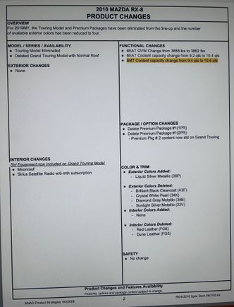 So after doing some research, I found that Mazda apparently updated the 2010MY cooling system capacity from 9.4 to 10.6 qts on the manual (and similar on the automatic). Does anyone have an answer as to what components were enlarged? An increase of 1.2 quarts is fairly sizable.