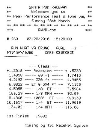 10.16 @ 134mph with GT30r Billet