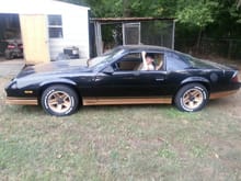 Looks like now. 1894 Chev Camaro Z28, 305 HO motor, blk/gold color. 15” gold z28 rims.on there now