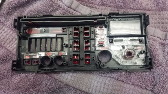 Backside with the PCB removed.  The clear parts allow the light to disperse over the labels (BAL/FADE, etc)