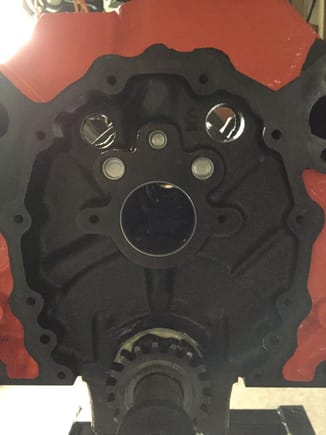 This pic shows that the block has the full complement of timing cover holes.  Two for locating and the rest threaded.