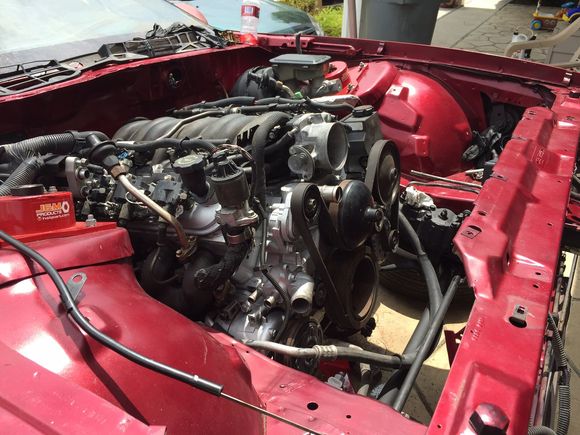 The engine is still tilted up in this photo because the trans is dose not have the support on yet.