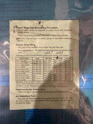 I don’t see any information on this topic but if you wanna squeeze every last bit of power out I recommend torque plate honing your cylinders and performing the file fitting of the rings while the torque plates are installed. This is straight from total seal’s instructions. Just wanted to share.