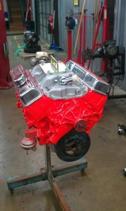 The new motor i built for my Firebird. 69 chevelle 2 bolt main 350 block. bored .30 over, 10:1 flat top pistons, 202 port and polished head. 510/230 cam, edelbrock performer intake, holly 750 spread bore carb, and hooker headers.