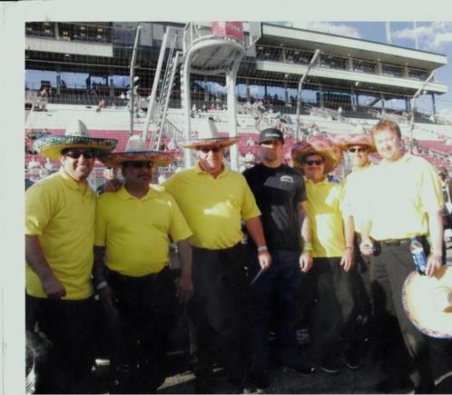 Jesse James and the crew- NASCAR 2007 celebrity race. Sandra Bullocks stupid idea with the Cinco De Mayo hats