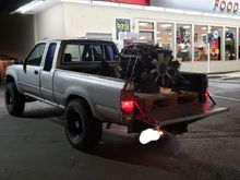 Fun Fact: a fully dressed RB26DETT with front diff and R32 gearbox and transfercase installed weighs approximately way too much! (~1000 lbs. I don't recommend/condone trying to haul anywhere near this much weight in the bed.)
