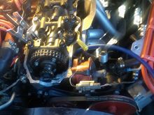 Intake side of the engine was pretty tight without removing the intake, but I managed....notice new cam sprocket set to "0".....I used the degree wheel to advance it to accommodate for the decked block and then advanced it slightly further to lower the power band into the lower RPM range