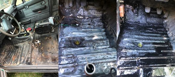 had to chip up some unprepped bed liner, clean rust with wheel, then prepped with POR15 cleaner/etcher, laid it down with cloth on drivers side where it was bad.  not professional but pretty rock solid.
