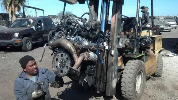 Newer engine at the salvage yard.