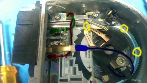 Finished and wired back up with yellow showing initial indexing scratches made before the swap, green/red/blue showing the correct position of the wires that have been reconnected