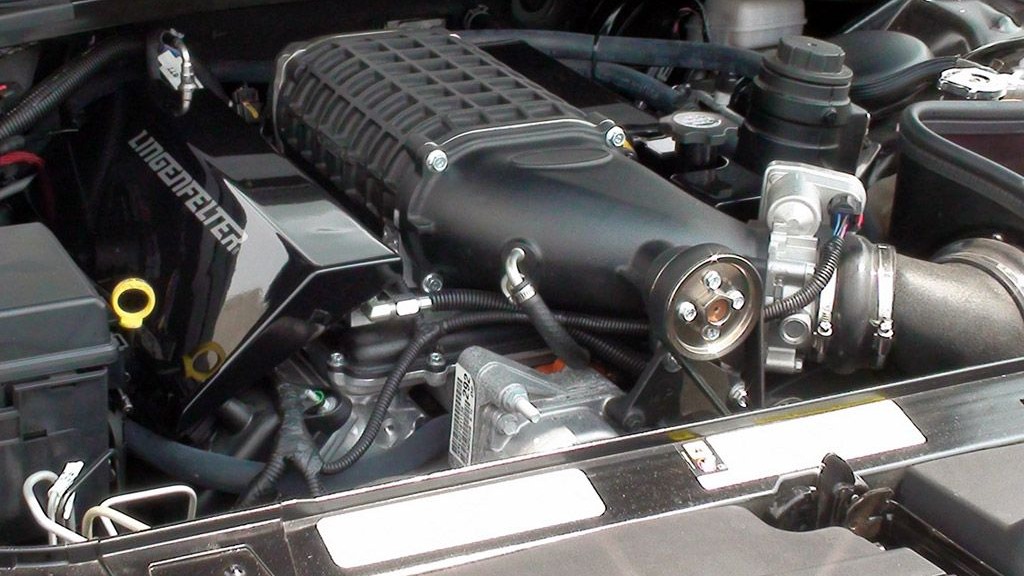 Dodge Challenger engine bay showing Lingenfelter supercharger