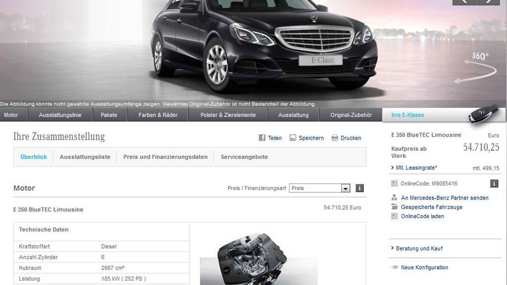 Configurator on Mercedes-Benz’s German website showing a nine-speed automatic option