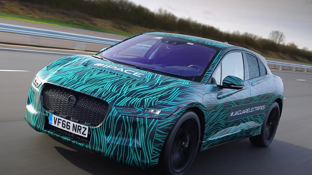 Teaser photo of Jaguar I-Pace electric car in camouflage undergoing road testing, March 2017