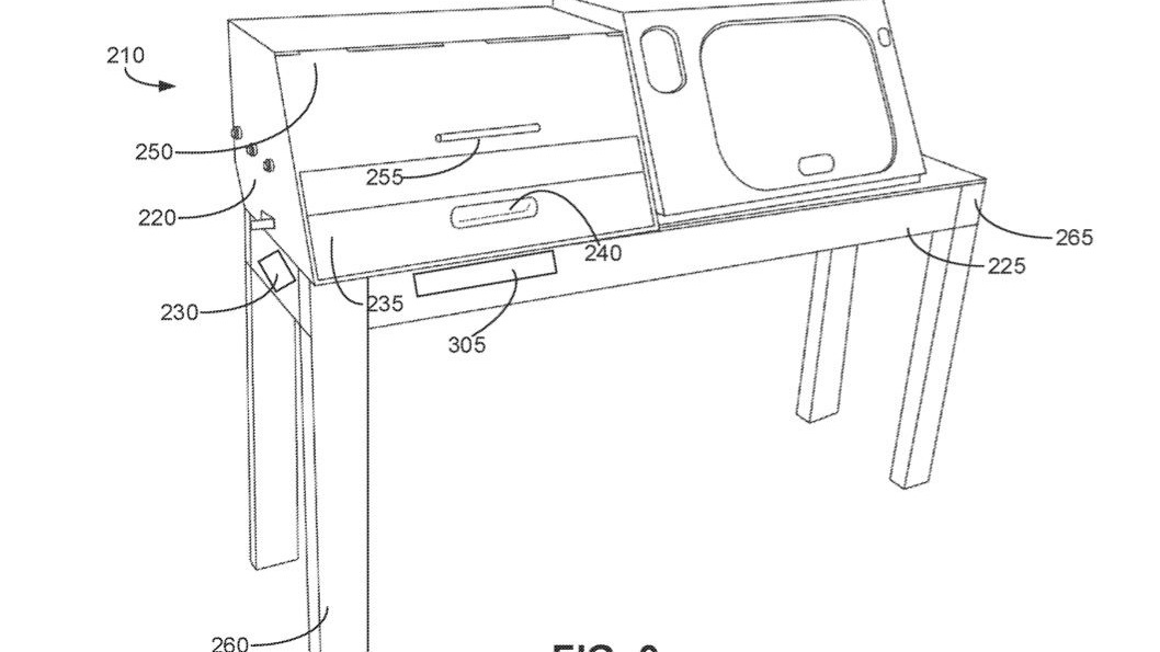 Patent image of a Rivian camp kitchen with grill