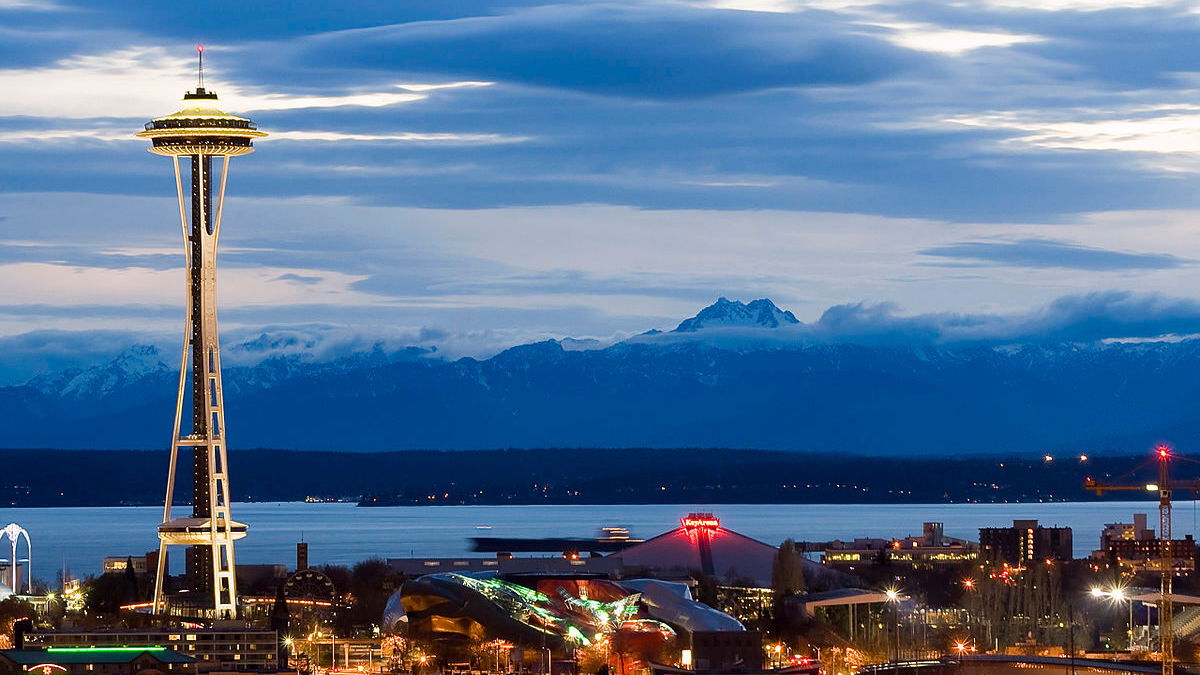Seattle Center as night falls (photo by Jeffery Hayes)