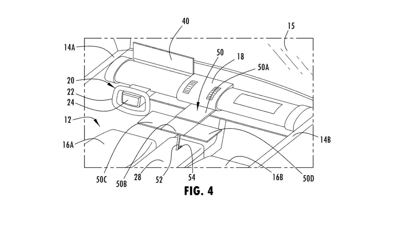 Ford dashboard deployable desk patent image