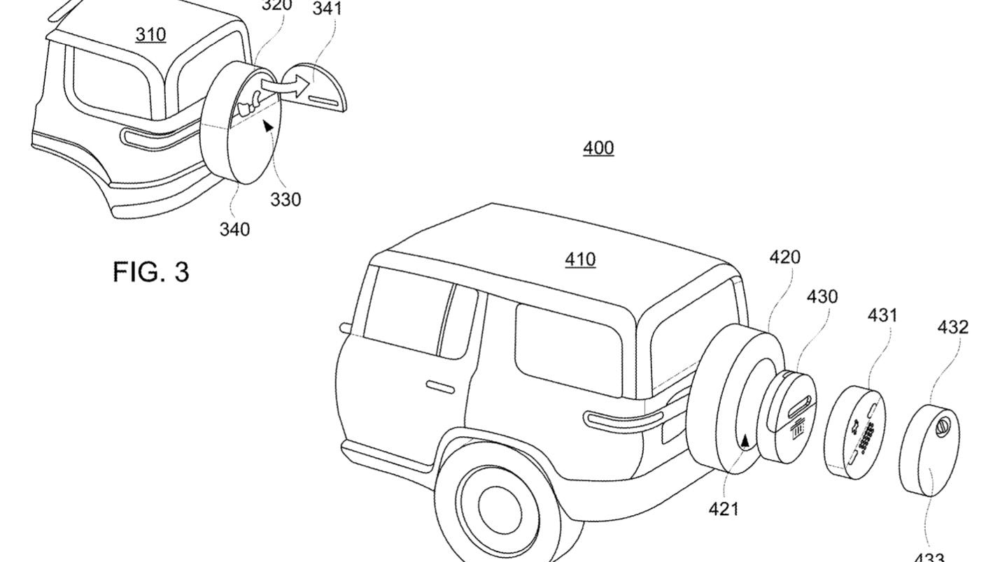 Rivian spare wheel container patent image