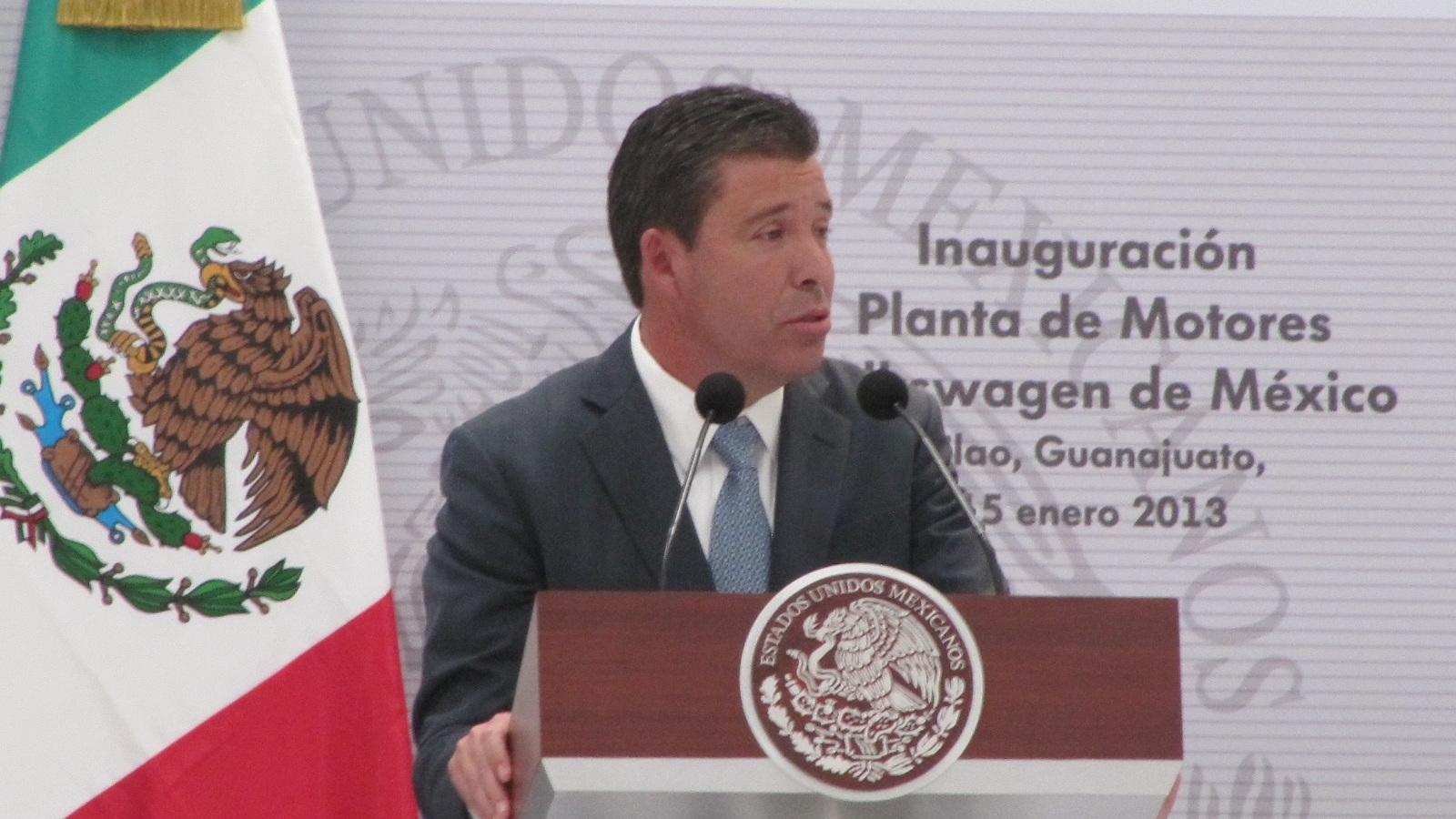 Miguel Marquez, governor of Guanajuato, speaks at opening of Volkswagen engine plant, Silao, Mexico