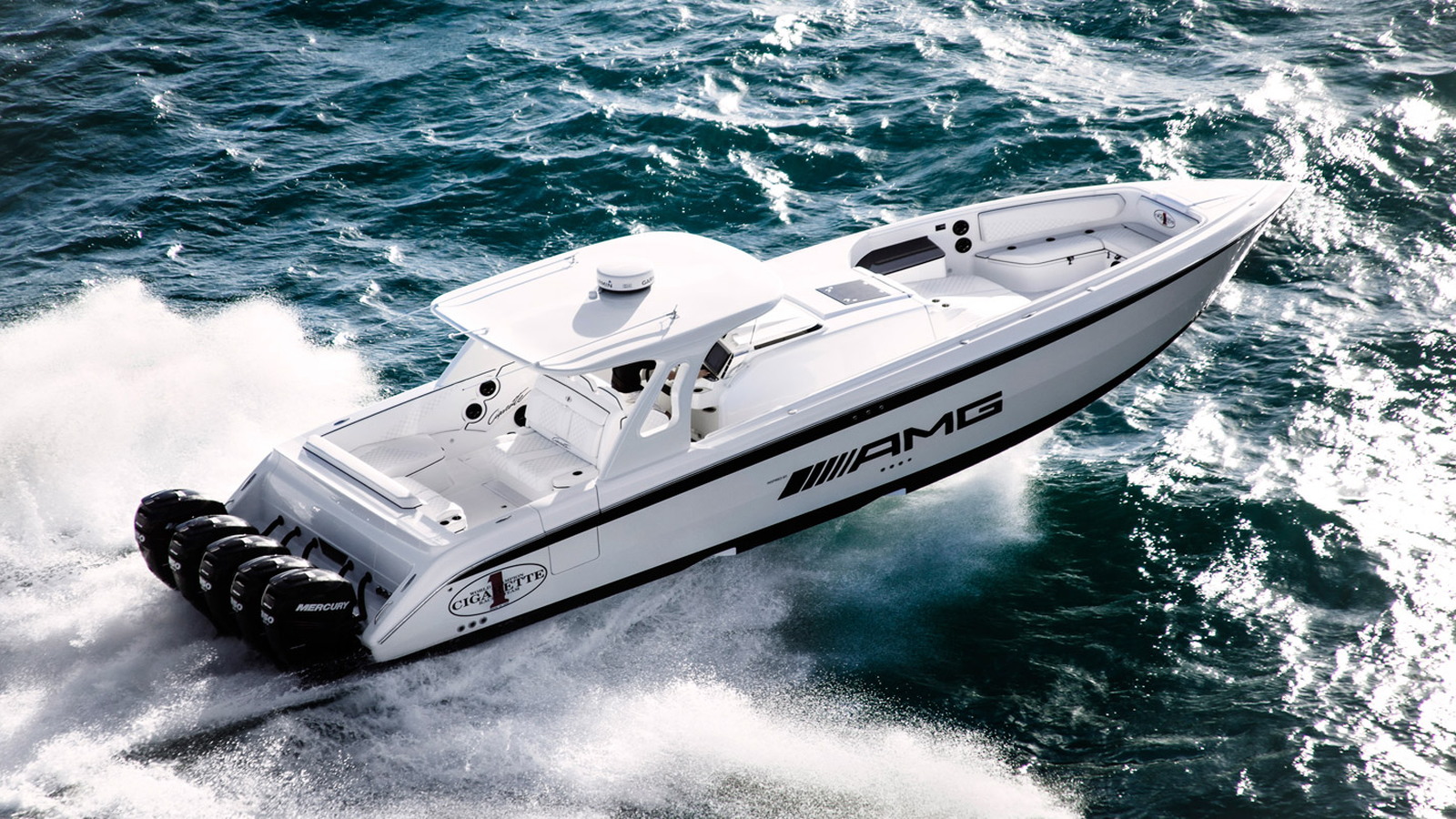 Cigarette Racing Huntress is a 42-foot boat whose design is inspired by the Mercedes-Benz G63 AMG