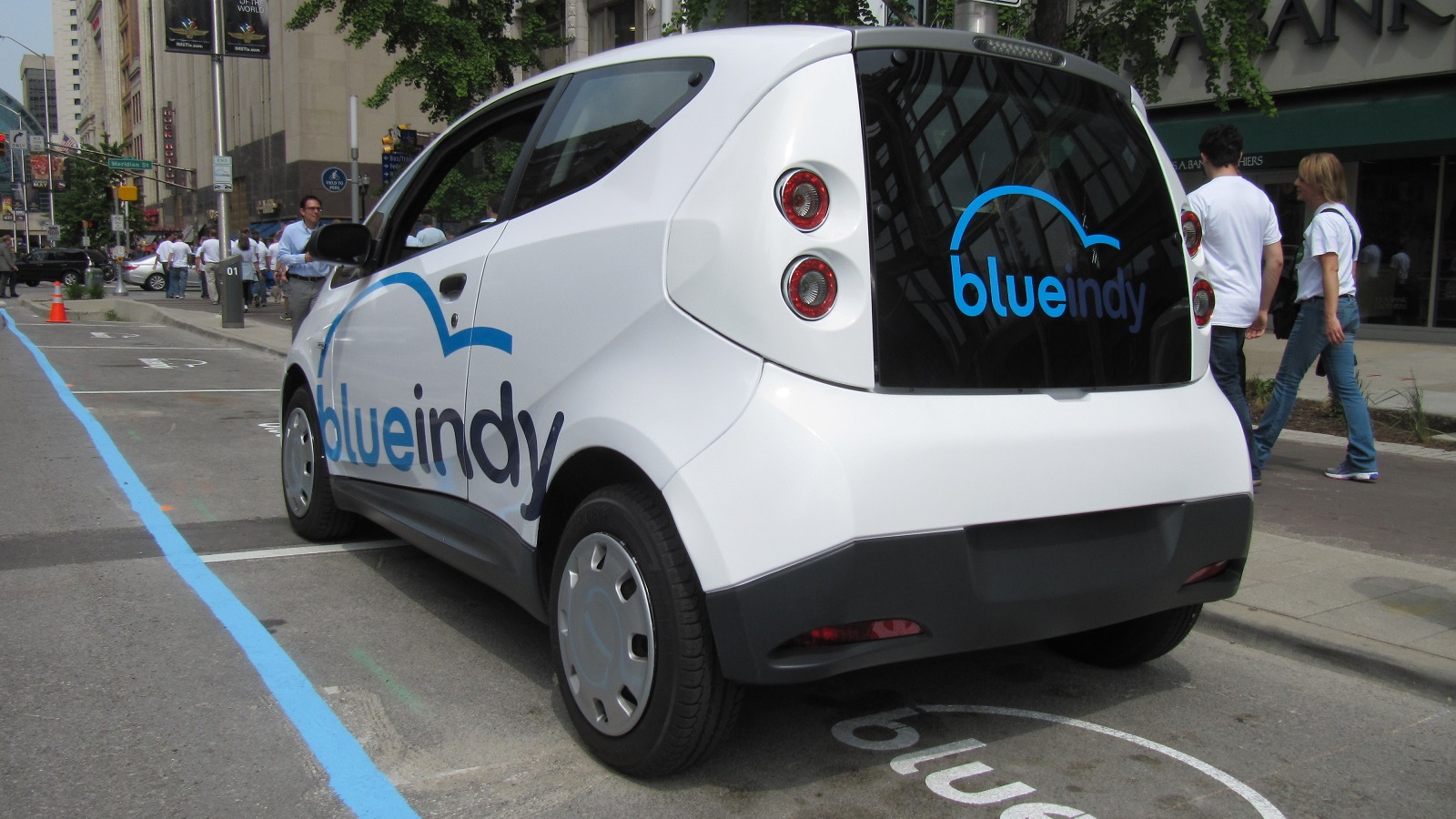 BlueIndy electric-car sharing station and European Bollore BlueCar, Indianapolis, Indiana, May 2014
