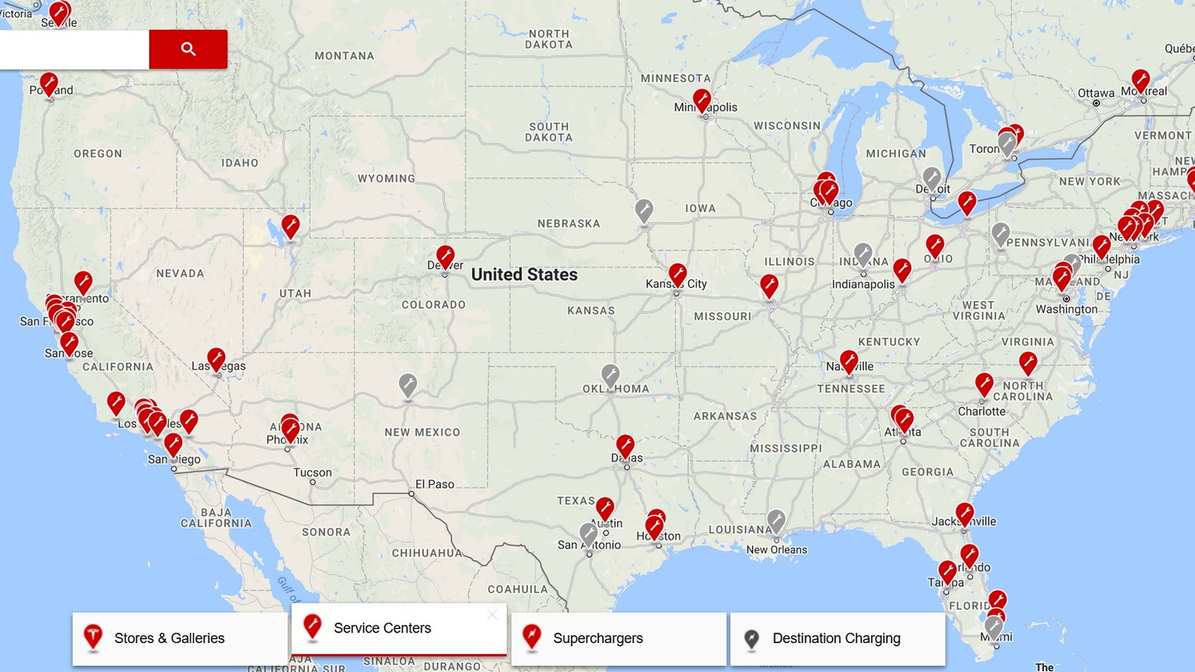 Map of Tesla service center locations in the U.S., December 2016