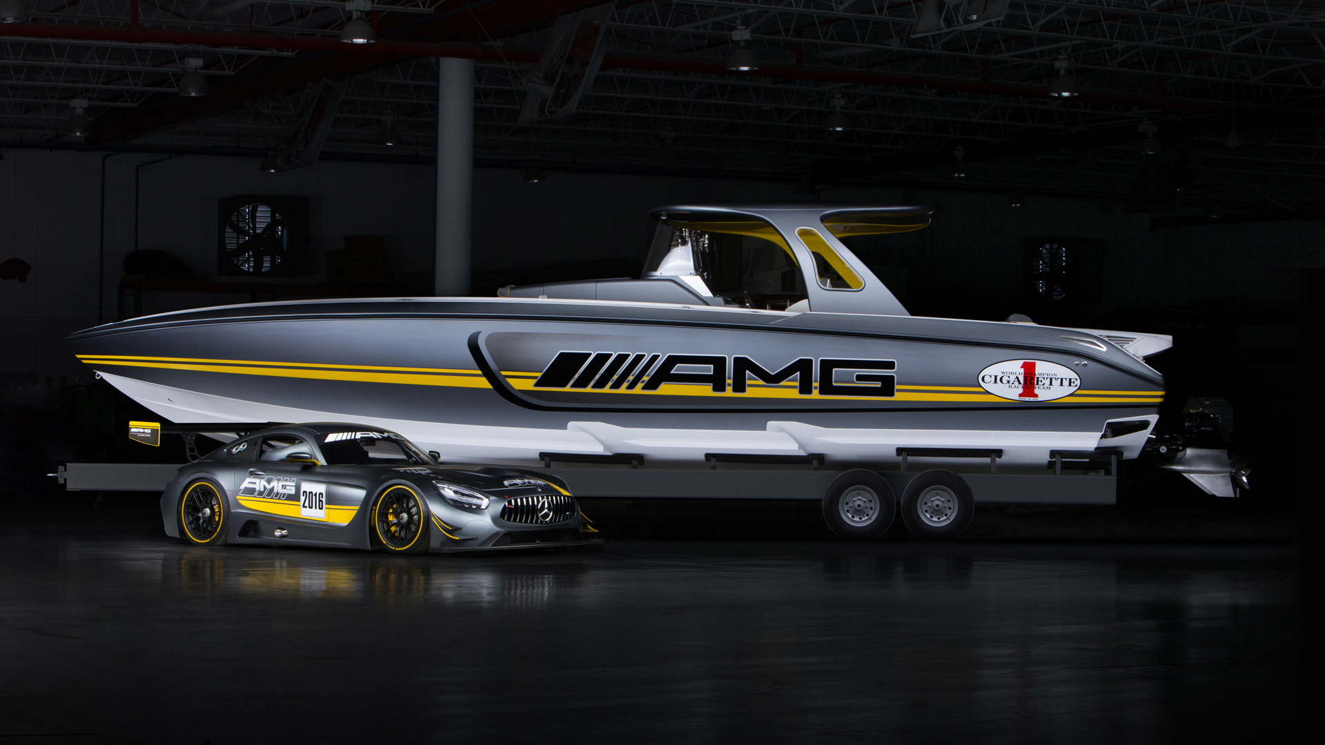 Cigarette Racing 41’ SD GT3 boat and 2016 Mercedes-AMG GT3 race car