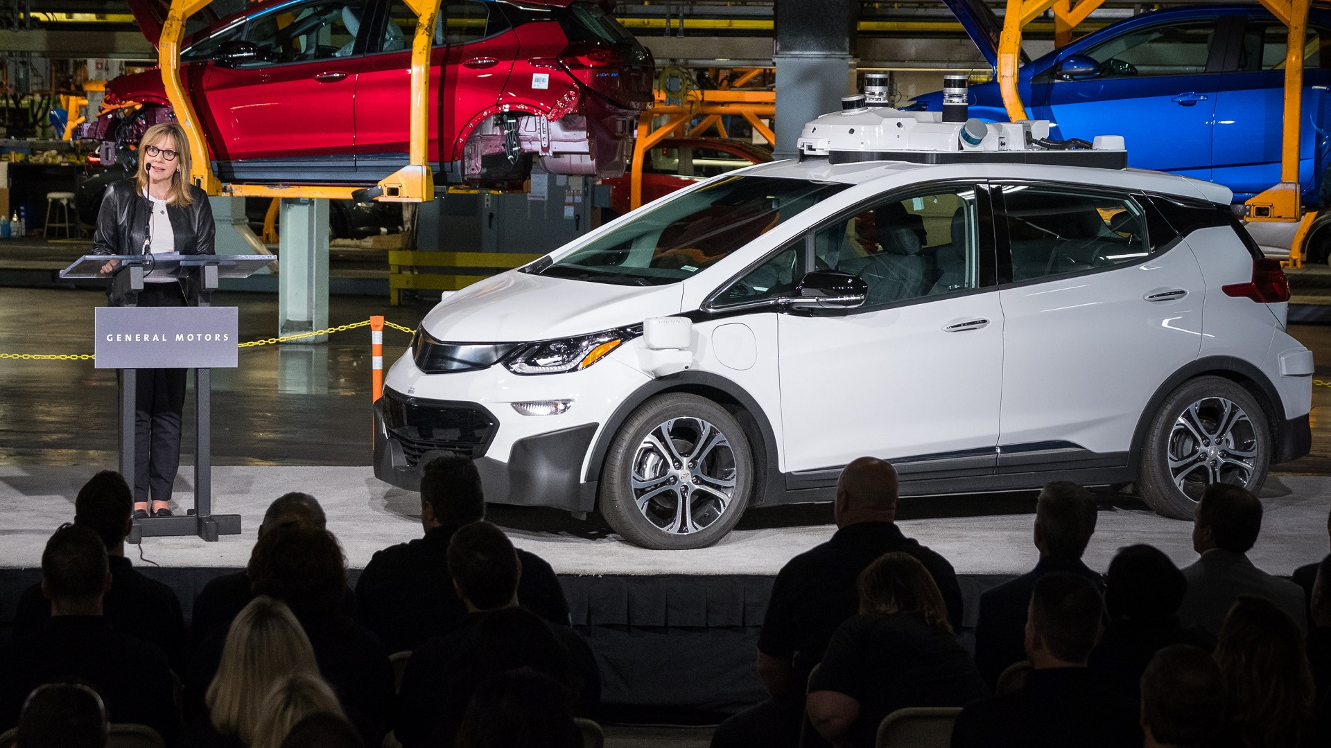 One of 130 second-generation self-driving Chevrolet Bolt EV electric cars, with GM CEO Mary Barra