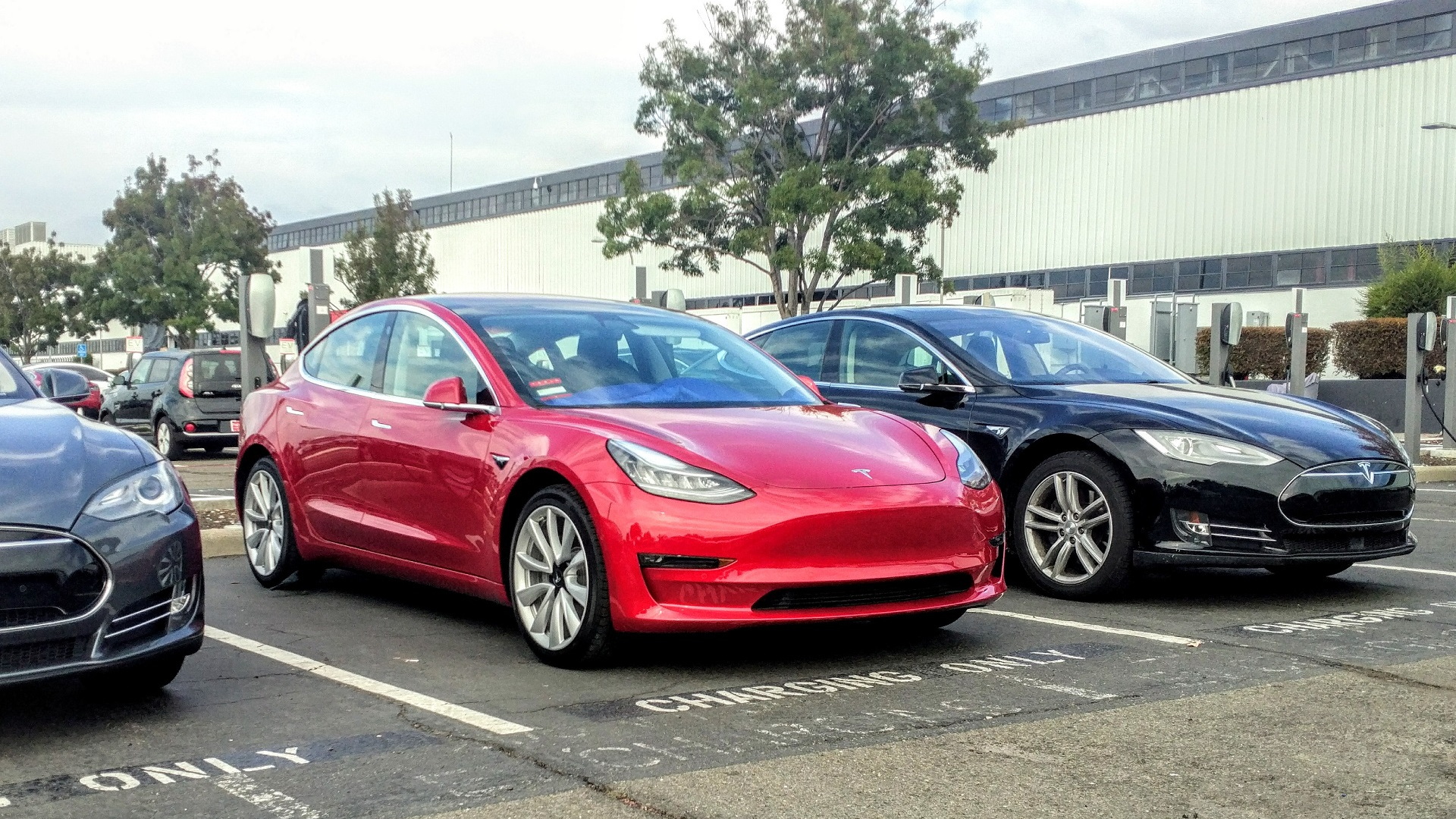 2017 Tesla Model 3 in Tesla assembly plant parking lot, Fremont, CA, November 2017