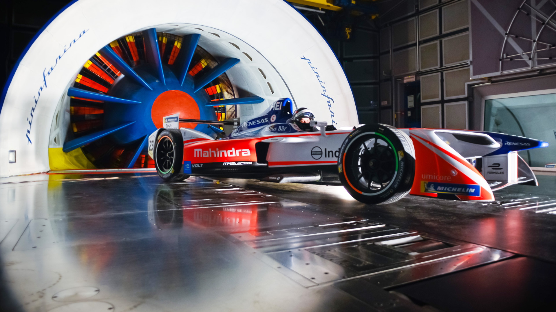 2018/2019 Mahindra Racing M5Electro Formula E race car in Pininfarina's wind tunnel