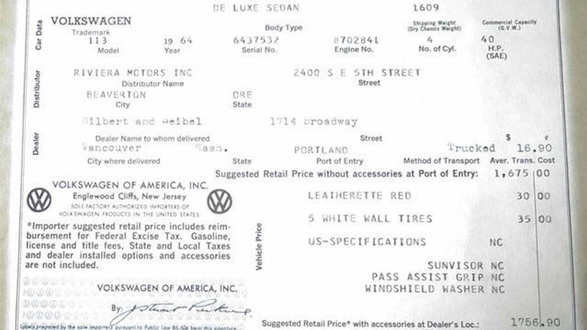 1964 Volkswagen Beetle being sold for $1,000,000