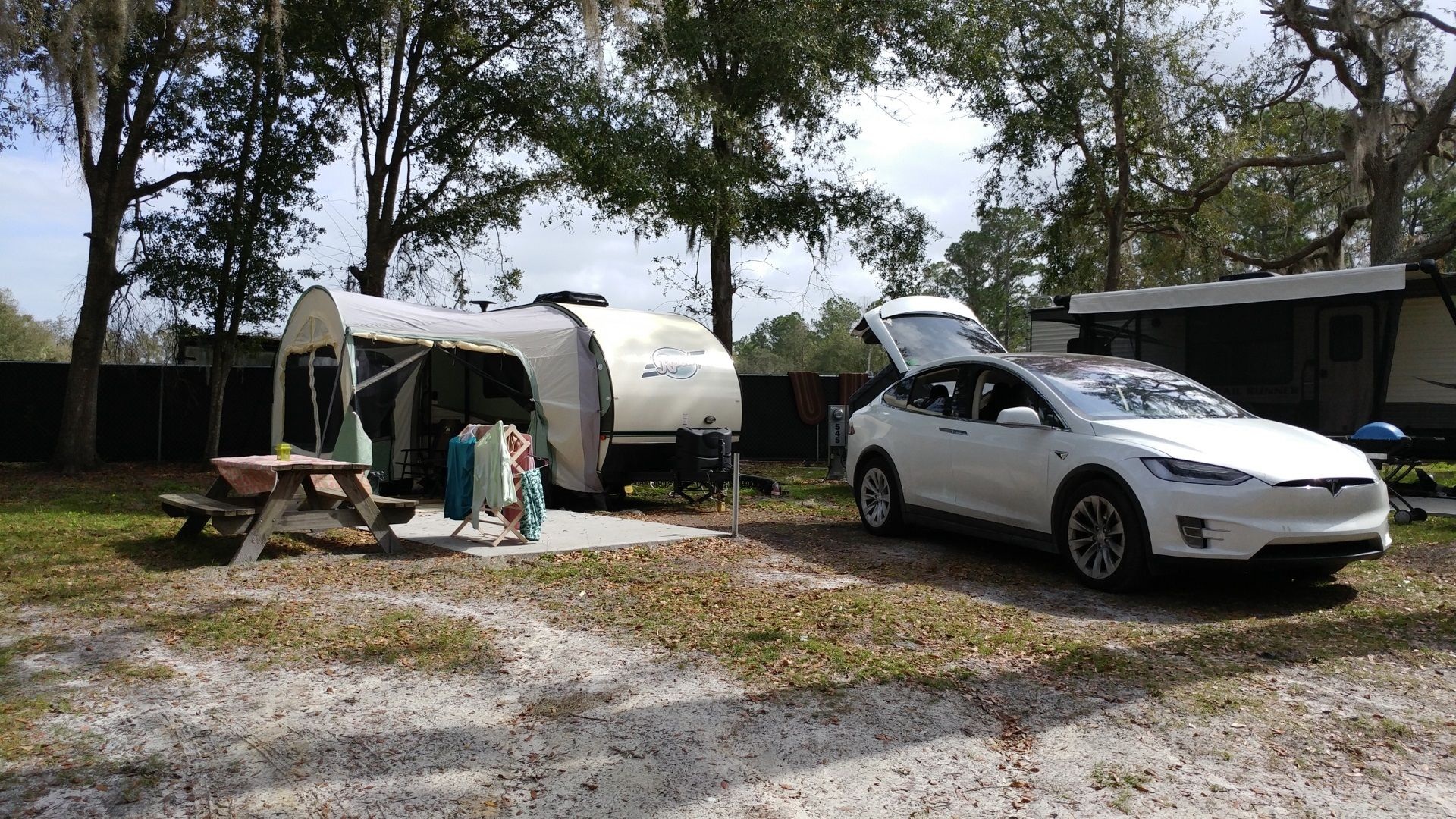 Fred and Jenny Hooper's 2018 Tesla Model X camping with R-Pod trailer in Sanford, Florida